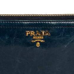 Pre Owned Prada Teal Blue Crinkled Leather Zip Around Continental Wallet