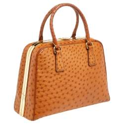 Pre Owned Prada Cognac Ostrich Pyramid Frame Satchel