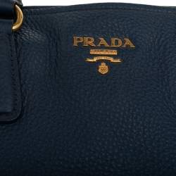 Pre Owned Prada Navy Blue Vitello Daino Leather Middle Zip Tote