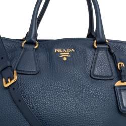 Pre Owned Prada Navy Blue Vitello Daino Leather Middle Zip Tote