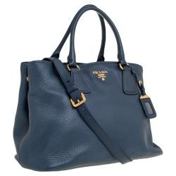 Pre Owned Prada Navy Blue Vitello Daino Leather Middle Zip Tote