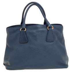 Pre Owned Prada Navy Blue Vitello Daino Leather Middle Zip Tote
