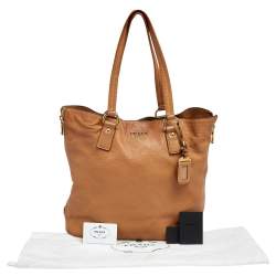 Pre Owned Prada Tan Cervo Leather Side Zip Shopper Tote