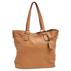 Pre Owned Prada Tan Cervo Leather Side Zip Shopper Tote