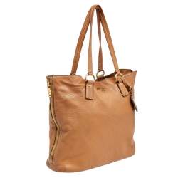 Pre Owned Prada Tan Cervo Leather Side Zip Shopper Tote