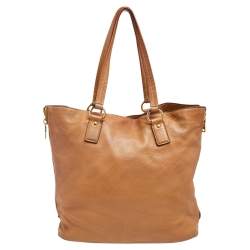 Pre Owned Prada Tan Cervo Leather Side Zip Shopper Tote