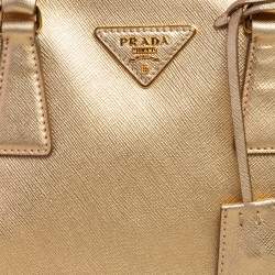 Pre Owned Prada Metallic Gold Saffiano Lux Leather Small Galleria Double Zip Tote