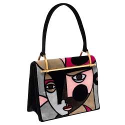 مملوكة مسبقًا Prada Multicolor Velvet Patchwork Lisolette Watkins Face Print Top Handle Bag 