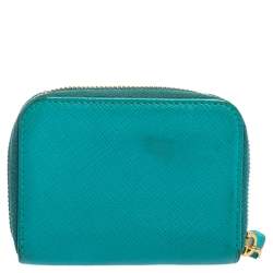 Pre Owned Prada Turquoise Saffiano Leather Small Zip Around Wallet