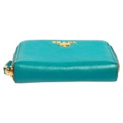 Pre Owned Prada Turquoise Saffiano Leather Small Zip Around Wallet
