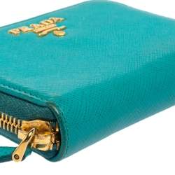 Pre Owned Prada Turquoise Saffiano Leather Small Zip Around Wallet