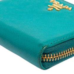 Pre Owned Prada Turquoise Saffiano Leather Small Zip Around Wallet