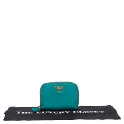 Pre Owned Prada Turquoise Saffiano Leather Small Zip Around Wallet