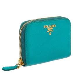 Pre Owned Prada Turquoise Saffiano Leather Small Zip Around Wallet