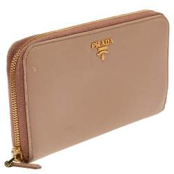 Pre Owned Prada Beige Saffiano Leather Zip Around Wallet