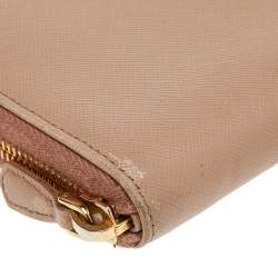 Pre Owned Prada Beige Saffiano Leather Zip Around Wallet