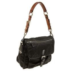 Pre Owned Prada Black Leather And Nylon Buckle Flap Shoulder Bag