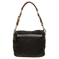 Pre Owned Prada Black Leather And Nylon Buckle Flap Shoulder Bag
