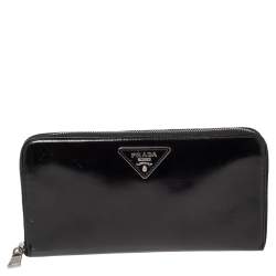 Pre Owned Prada Black Glossy Leather Zip Around Wallet