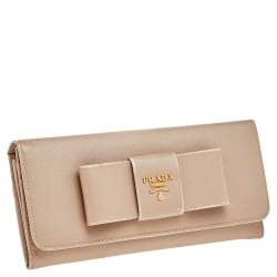 Pre Owned Prada Beige Saffiano Leather Bow Continental Wallet
