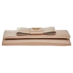 Pre Owned Prada Beige Saffiano Leather Bow Continental Wallet