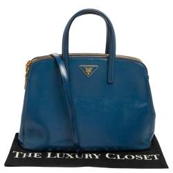 Pre Owned Prada Blue Saffiano Patent Leather Double Zip Satchel