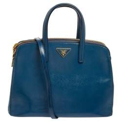 Pre Owned Prada Blue Saffiano Patent Leather Double Zip Satchel