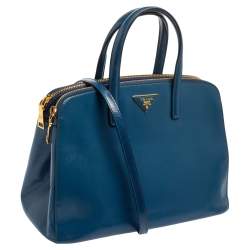 Pre Owned Prada Blue Saffiano Patent Leather Double Zip Satchel