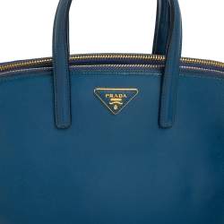 Pre Owned Prada Blue Saffiano Patent Leather Double Zip Satchel