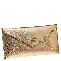 Pre Owned Prada Metallic Gold Saffiano Leather Envelope Wallet