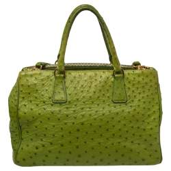 Pre Owned Prada Apple Green Ostrich Medium Double Zip Tote