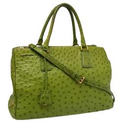 Pre Owned Prada Apple Green Ostrich Medium Double Zip Tote