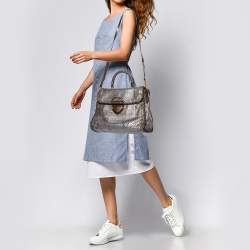 Pre Owned Prada Two Tone Metallic Woven Madras Leather Flap Top Handle Bag