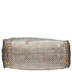 Pre Owned Prada Two Tone Metallic Woven Madras Leather Flap Top Handle Bag