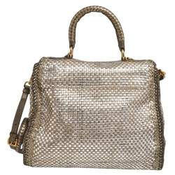 Pre Owned Prada Two Tone Metallic Woven Madras Leather Flap Top Handle Bag