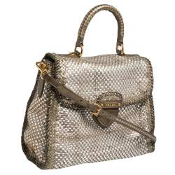 Pre Owned Prada Two Tone Metallic Woven Madras Leather Flap Top Handle Bag