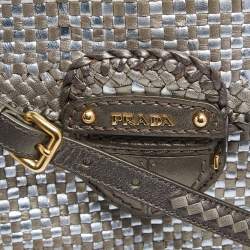 Pre Owned Prada Two Tone Metallic Woven Madras Leather Flap Top Handle Bag