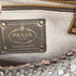 Pre Owned Prada Two Tone Metallic Woven Madras Leather Flap Top Handle Bag