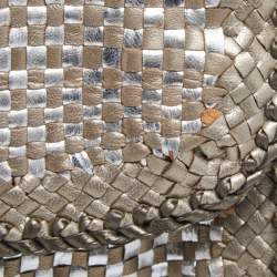 Pre Owned Prada Two Tone Metallic Woven Madras Leather Flap Top Handle Bag