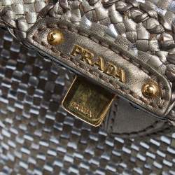 Pre Owned Prada Two Tone Metallic Woven Madras Leather Flap Top Handle Bag