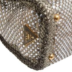Pre Owned Prada Two Tone Metallic Woven Madras Leather Flap Top Handle Bag