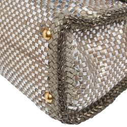 Pre Owned Prada Two Tone Metallic Woven Madras Leather Flap Top Handle Bag