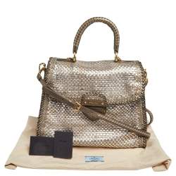 Pre Owned Prada Two Tone Metallic Woven Madras Leather Flap Top Handle Bag