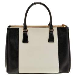 Pre Owned Prada Black/White Saffiano Lux Leather Medium Double Zip Tote