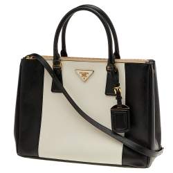 Pre Owned Prada Black/White Saffiano Lux Leather Medium Double Zip Tote
