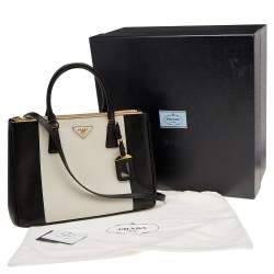 Pre Owned Prada Black/White Saffiano Lux Leather Medium Double Zip Tote