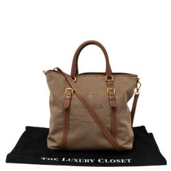 Pre Owned Prada Khaki Brown/Tan Logo Jacquard Canvas and Leather Tote