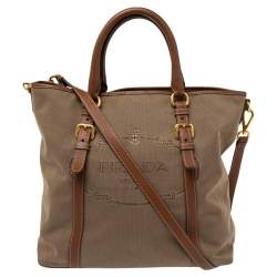 Pre Owned Prada Khaki Brown/Tan Logo Jacquard Canvas and Leather Tote