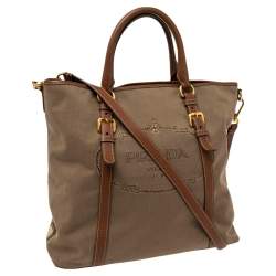 Pre Owned Prada Khaki Brown/Tan Logo Jacquard Canvas and Leather Tote