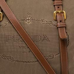 Pre Owned Prada Khaki Brown/Tan Logo Jacquard Canvas and Leather Tote